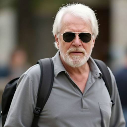 Photograph of an older white man with white hair, black sunglasses, gray shirt, and black backpack, walking outdoors.
