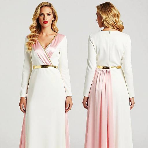 Photograph of a blonde woman in a white long-sleeve dress with pink fabric overlay and gold belt, shown front and back.