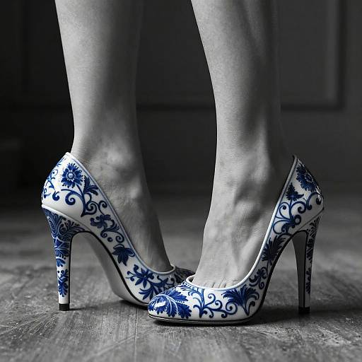 Photograph of a woman's legs wearing ornate blue and white floral pattern high heels on a wooden floor, with a dark, blurred background.