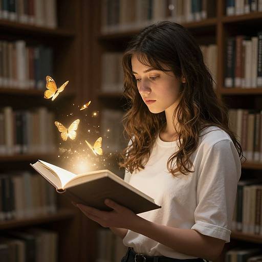Photograph of a young woman with wavy brown hair, wearing a white t-shirt, reading a glowing book with floating orange butterflies in a dimly