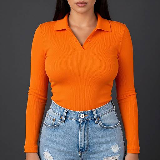 Photograph of a woman with long black hair, wearing a bright orange ribbed, long-sleeve blouse and high-waisted, distressed blue