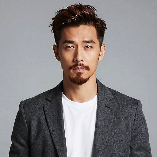Photograph of an Asian man with medium skin tone, dark brown hair, and a trimmed beard, wearing a dark blazer over a white shirt,