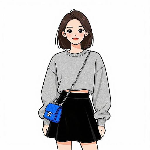 Digital anime-style drawing of a cute young woman with shoulder-length brown hair, wearing a gray sweatshirt, black skirt, and blue crossbody bag,