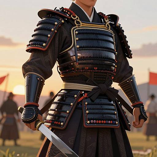 Photograph of a Japanese samurai in black, detailed, armored attire with gold accents, holding a sword, standing outdoors at sunset.