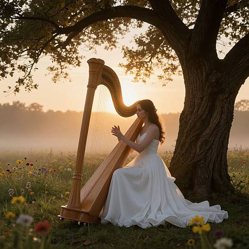 Photograph of a fair-skinned woman with wavy brown hair, in a white, flowing dress, playing a wooden harp under a large tree