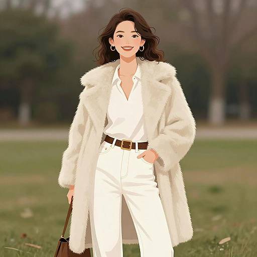 Digital illustration of a smiling woman with wavy brown hair, wearing a white fur coat, white blouse, and white pants, standing in a grassy