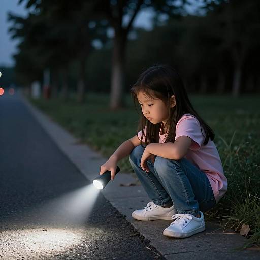 Child Illuminating Dark Road at Dusk