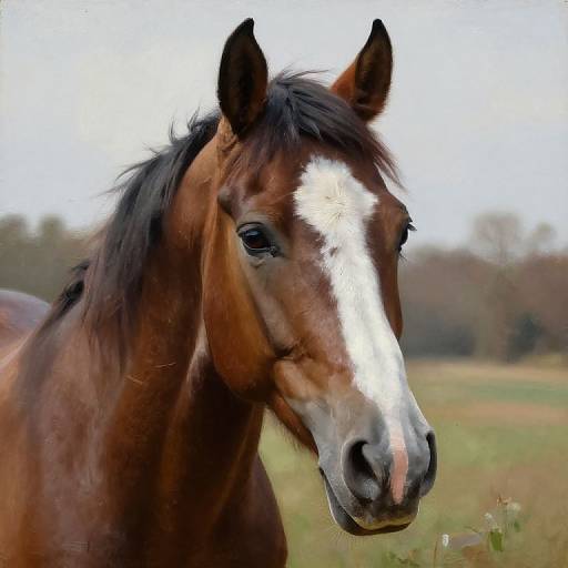Photograph of a brown horse with a white blaze on its face, black mane, and soft gaze, standing in a grassy field.