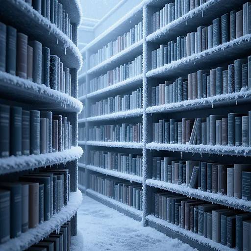 Photograph of a frost-covered, blue-lit library with rows of dark, frosty bookshelves, creating a serene, icy winter atmosphere.