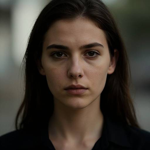 Photograph of a serious young woman with fair skin, dark brown eyes, and long straight black hair, wearing a black top, against a blurred outdoor