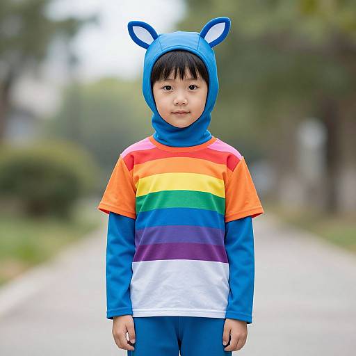 Photograph of an Asian boy in a blue hoodie with animal ears, wearing a rainbow-striped shirt and blue pants, standing on a blurred, tree-lined