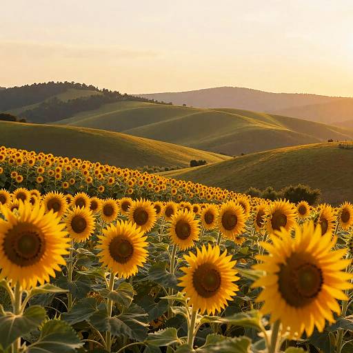 Photograph of a sunlit sunflower field stretching into rolling green hills under a warm, golden sunset sky. Vibrant yellow sunflowers dominate the foreground