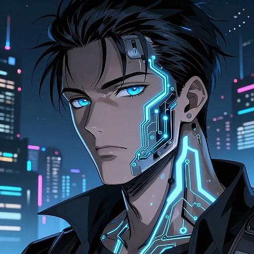 Digital anime-style portrait of a dark-haired, blue-eyed man with glowing cybernetic markings on his face and neck, set against a neon-lit