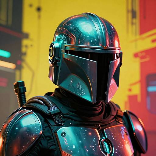 Digital artwork of a futuristic Mandalorian-style armored figure with glossy, reflective helmet and chest plate, set against vibrant yellow and red background.