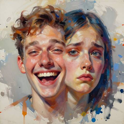 Digital painting of a smiling young man with curly brown hair and a serious young woman with brown hair, both close together, against a colorful abstract background.