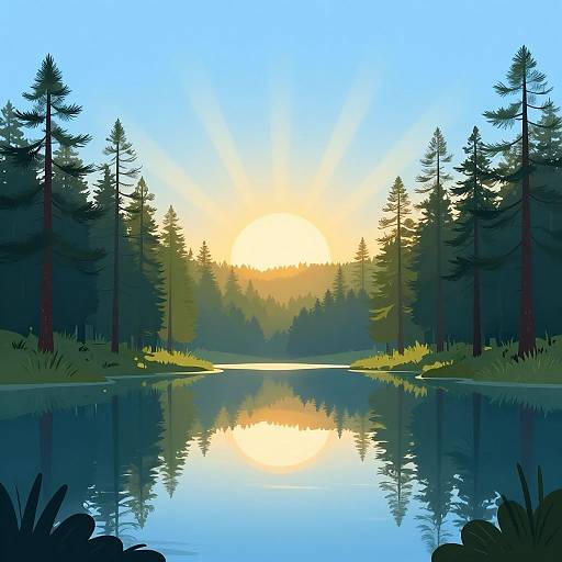 Stylized Sunrise Over Serene Forest Lake