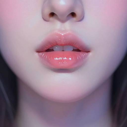 Close-up photograph of a fair-skinned woman's glossy pink lips slightly parted, highlighting the shine and soft texture, with a subtle blue and pink gradient