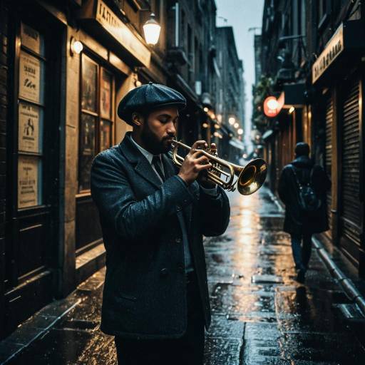 Street Musician Playing Trumpet in Rainy Alley