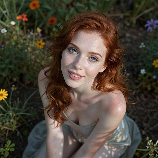 Photograph of a red-haired woman with fair skin and blue eyes, kneeling in a sunlit garden, surrounded by colorful flowers, wearing a strapless