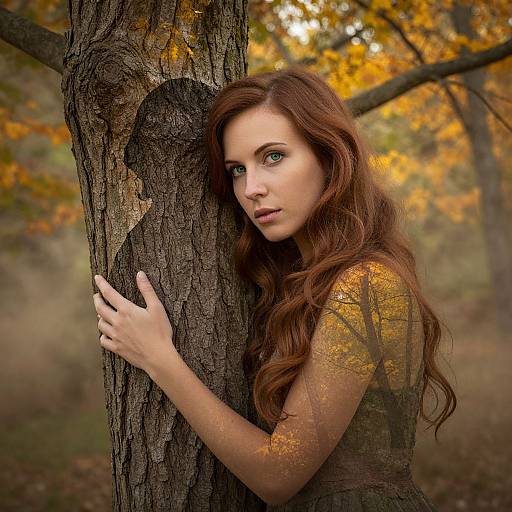Photograph of a young woman with long, wavy auburn hair and green eyes, leaning against a tree in a forest with autumn leaves.