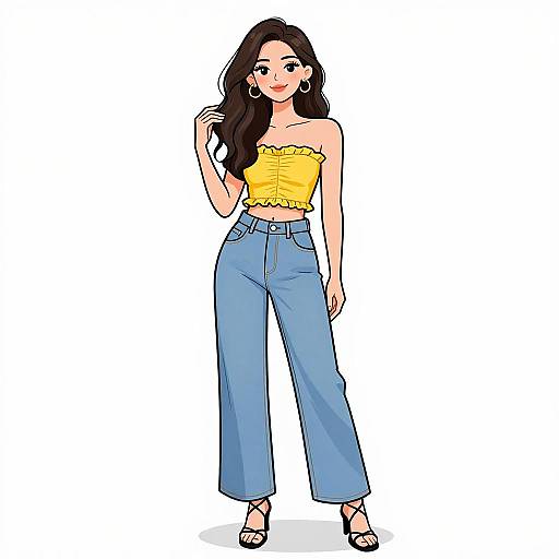 Digital illustration of a young woman with long dark hair, wearing a yellow ruffle strap top, high-waisted blue jeans, and black sandals,