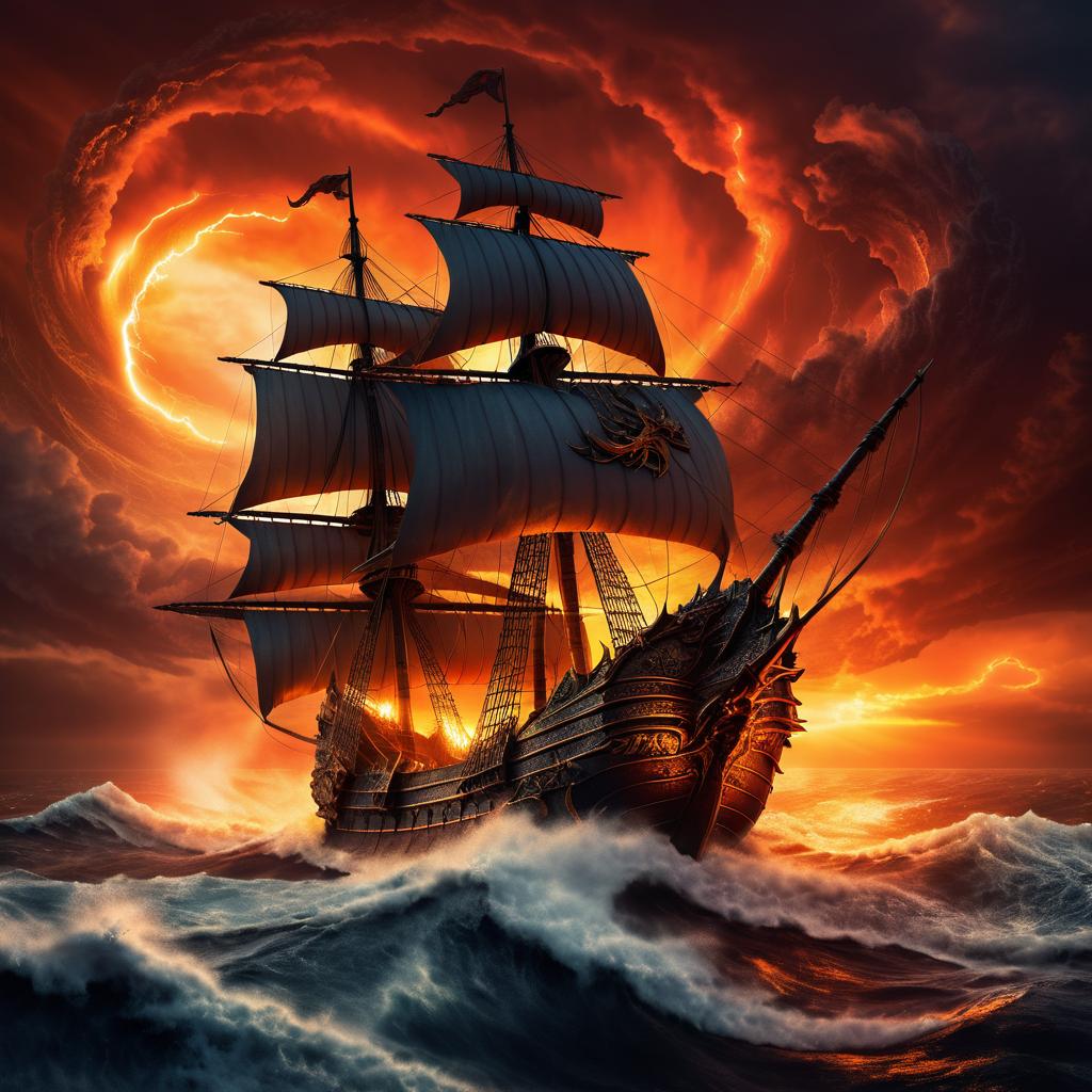 Dragon Ship Clash in Fiery Sunset