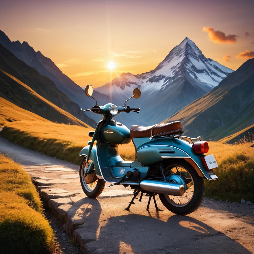 Nostalgic Moped by Mountain Sunset