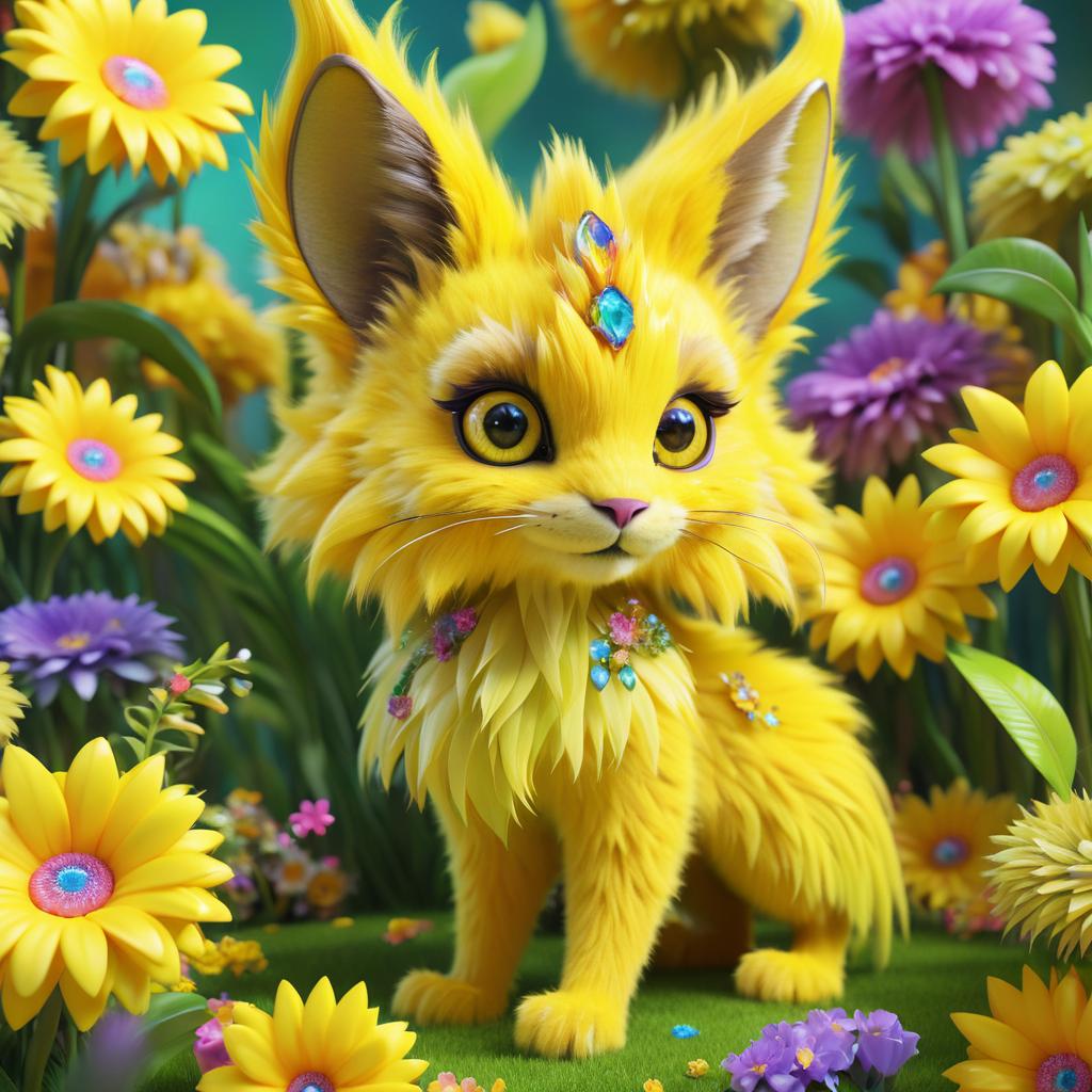 Whimsical Yellow Furry Creature in Flowers