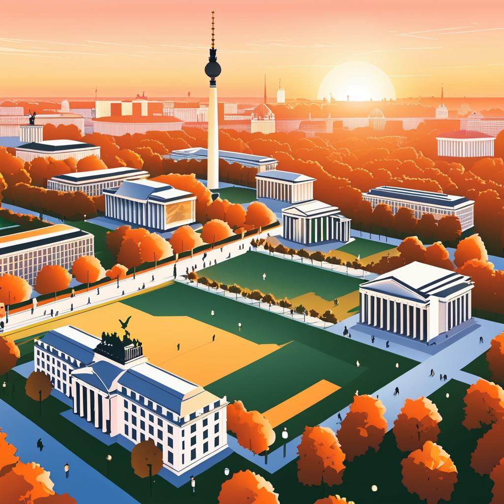 Illustrated Sunset View of Berlin Landmarks