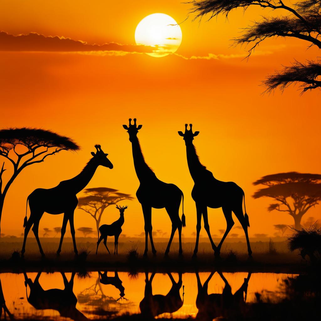 Vivid African Sunrise with Giraffes and Wildebeests