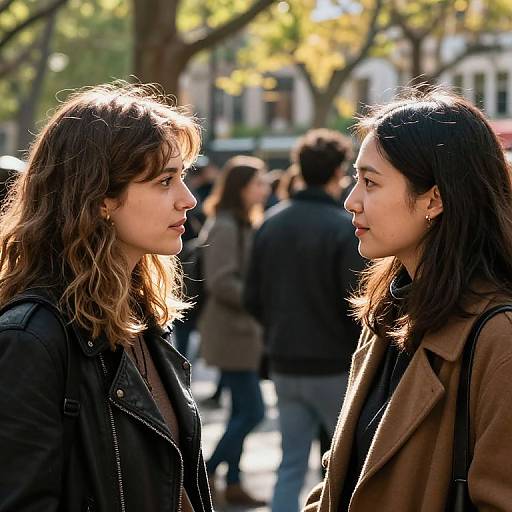 Photograph of two women with wavy brown hair, facing each other in profile, wearing black and brown jackets, outdoors with blurred autumn trees and people