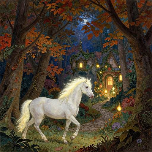 Digital fantasy artwork of a white, glowing-maned horse walking through a moonlit, autumn forest, towards a warmly lit, whimsical, fairy-t