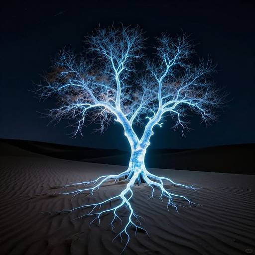 Photograph of a glowing, electric blue, leafless tree with bright white branches in a dark desert night, illuminating the surrounding sand.