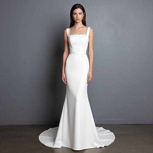 Photograph of a slim, pale-skinned woman with long black hair, wearing a sleeveless, white satin, mermaid-style wedding dress, standing