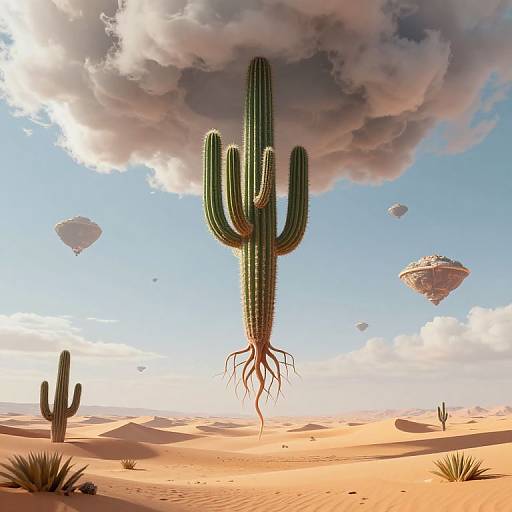 Photorealistic digital artwork of a towering, green cactus with roots dangling, floating above a desert with sand dunes, small cacti,