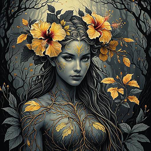 Ephemeral Dryad with Hibiscus in Ink Art Style