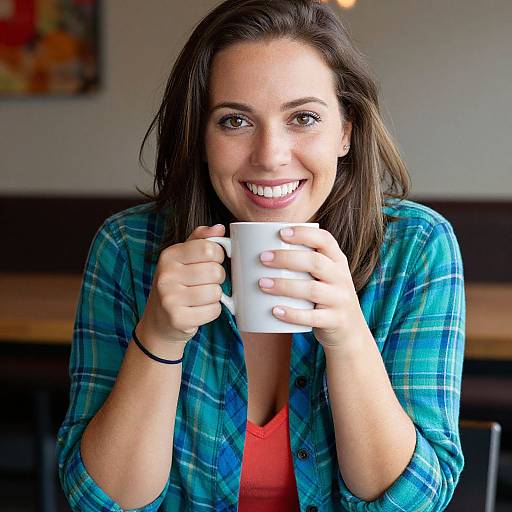 Smiling Woman with Plaid Shirt Holding Mug