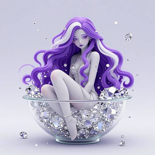 Digital art of a pale-skinned, purple-haired woman with long, wavy hair, sitting in a glass bowl splashing with water droplets.