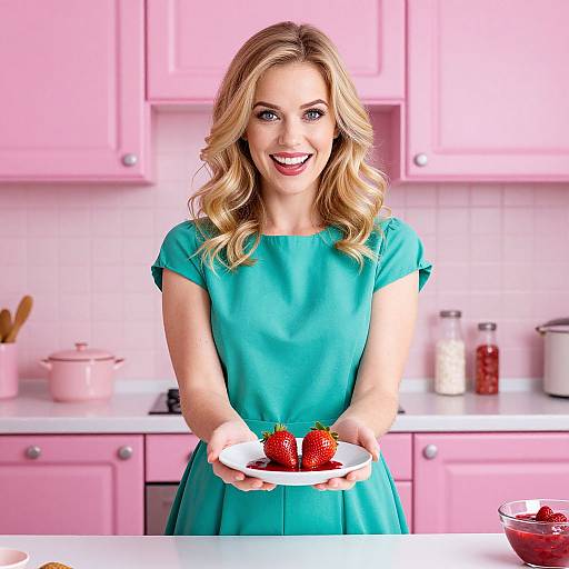 Blonde woman with wavy hair, smiling, wearing teal dress, holds plate with strawberries in pink kitchen, bright background. Photographic image.