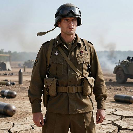 Photograph of a serious male soldier in WWII-era olive drab uniform and helmet, standing in a dusty, war-torn battlefield with scattered ammo and