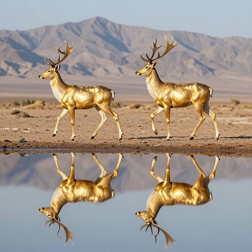 Photograph of two golden antelopes walking side by side across a reflective desert pool, with a mountain range in the background.