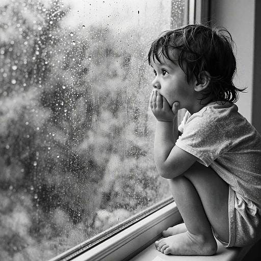 Black-and-white photograph of a curious child with messy hair, sitting on a windowsill, gazing outside at a rain-speckled window.