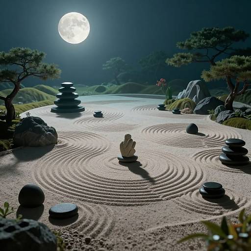 Photograph of a serene Japanese Zen garden at night, with a full moon, raked gravel, stone stacks, and trees under dark skies.