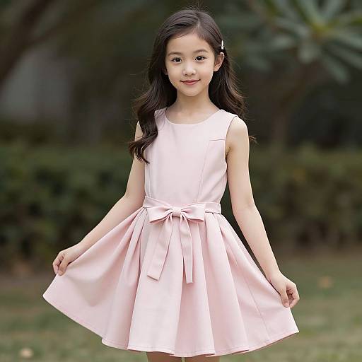 Photograph of an Asian girl with long black hair, wearing a sleeveless pink dress with a bow, smiling in a green outdoor setting.