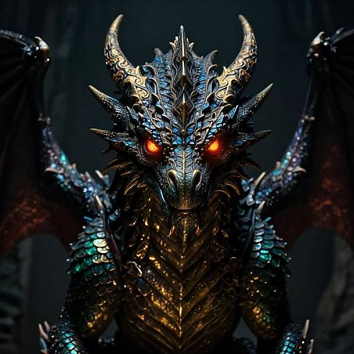 Digital artwork of a fierce, metallic blue and gold dragon with glowing red eyes, sharp horns, and intricate scales against a dark forest background.