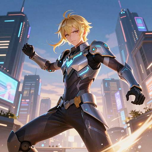 Dynamic anime-style digital artwork of a blonde, armored, golden-eyed warrior in a futuristic cityscape, with glowing lights and skyscrapers.