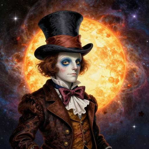 Digital artwork of a white-faced man with blue eyes, wearing a top hat, brown jacket, white ruffled shirt, and red bow tie, against