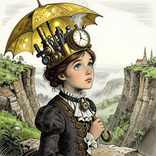Steampunk-style drawing of a young girl with a clock-ornamented golden umbrella, wearing a black Victorian dress, standing on a cliff with