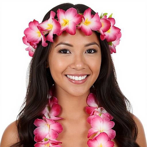 Photograph of a smiling Asian woman with long black hair, wearing a pink hibiscus flower headband and matching lei, against a white background