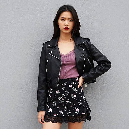 Stylish woman in leather jacket and floral skirt